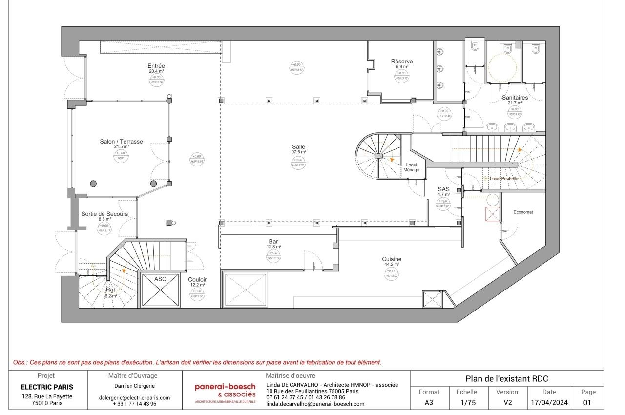 Plan architectural d'un rez-de-chaussée existant, montrant la disposition des pièces et des équipements.