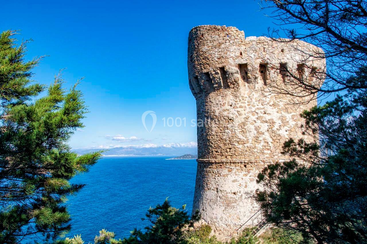 Tour en pierre médiévale surplombant une mer bleue, entourée de végétation et sous un ciel dégagé.