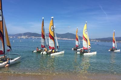 Tente transparente installée sur une plage, aménagée avec des chaises blanches et des plantes décoratives.
