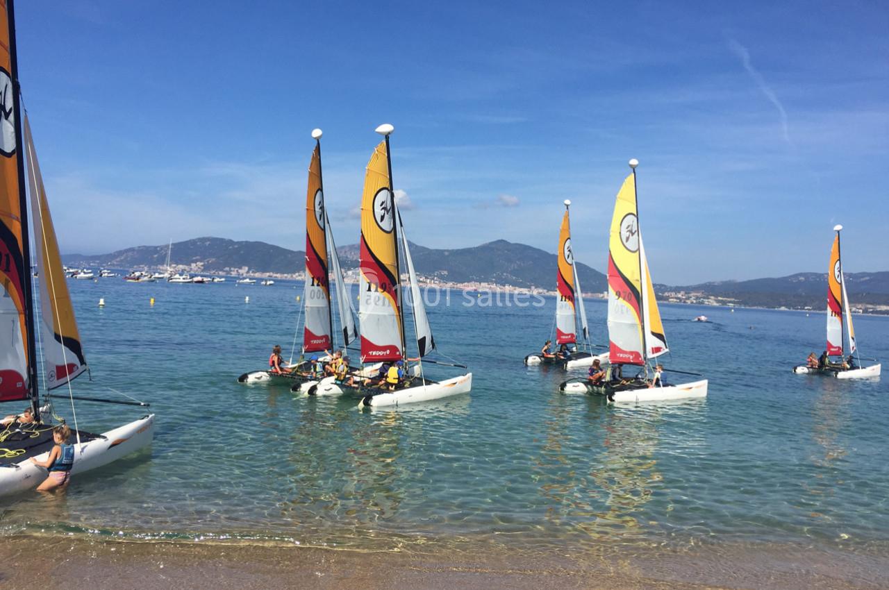 Des catamarans colorés flottent sur une eau calme près d'une plage, avec des collines en arrière-plan.