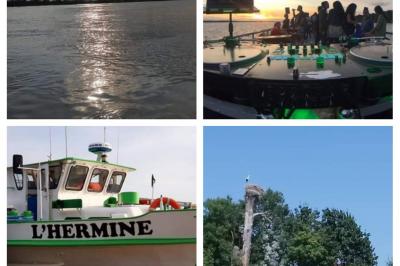 Château illuminé au sommet d'une colline, reflété dans l'eau calme au crépuscule.