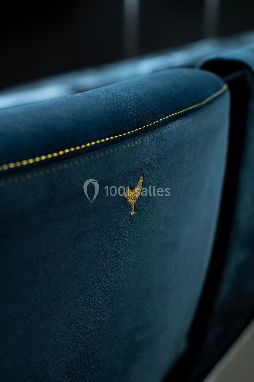 Dossier de fauteuil en velours bleu avec une broderie dorée en forme de coq, éclairé par une lumière douce.