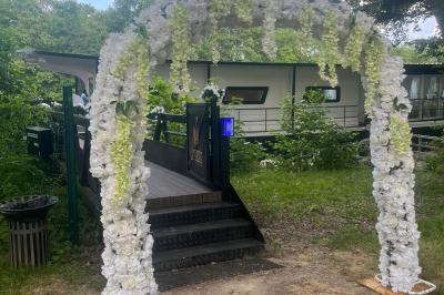 Un parc verdoyant avec des arbres feuillus et une allée ensoleillée menant à un bâtiment blanc au loin.