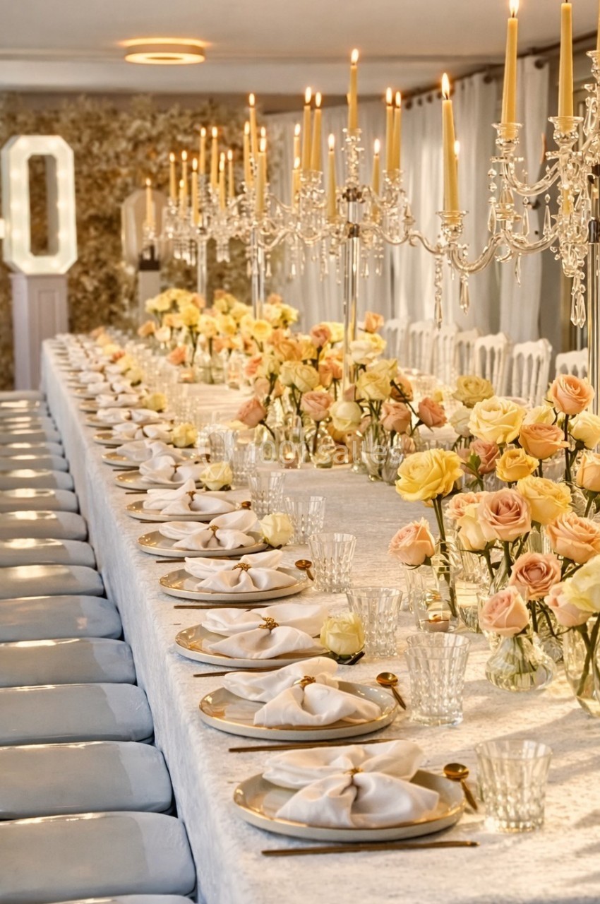 Grande table élégamment dressée avec des chandeliers, des roses jaunes et pêche, et des serviettes pliées.