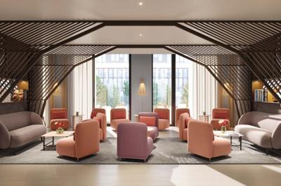 Lavabo moderne avec miroir rond, étagère murale, robinet chromé et panneaux en bois ajourés en premier plan.