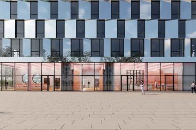 Lavabo moderne avec miroir rond, étagère murale, robinet chromé et panneaux en bois ajourés en premier plan.