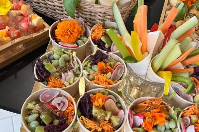 Plateau de légumes frais comprenant chou-fleur, tomates cerises, céleri, radis et feuilles vertes.