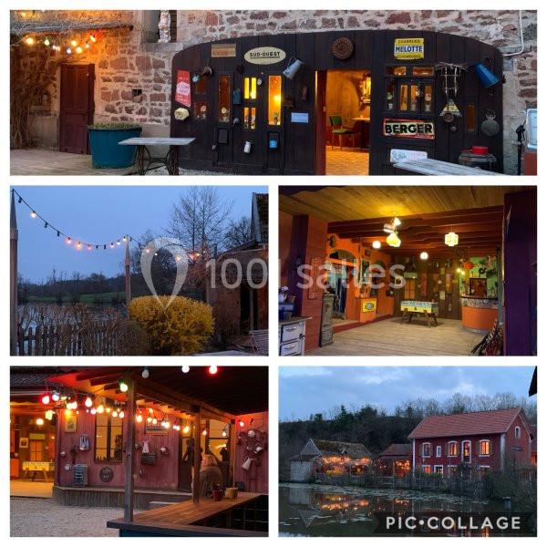 Extérieur et intérieur d'un lieu rustique décoré avec des enseignes rétro et des guirlandes lumineuses près d'un étang.