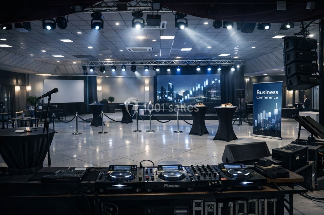 Salle de conférence aménagée avec une scène, des tables hautes et un espace DJ en premier plan.