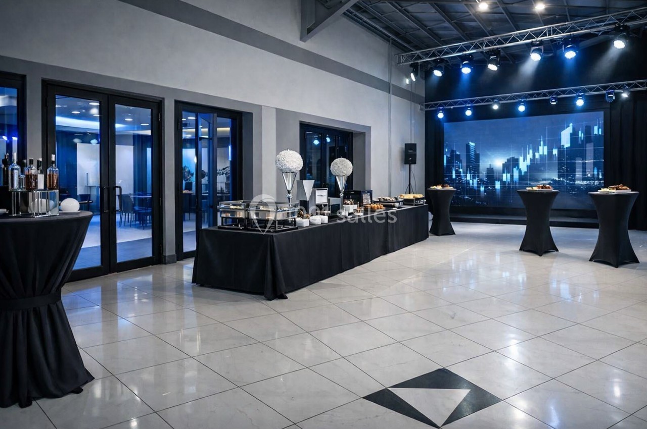 Salle de réception moderne avec tables hautes, buffet dressé et éclairage bleu sur une scène en arrière-plan.