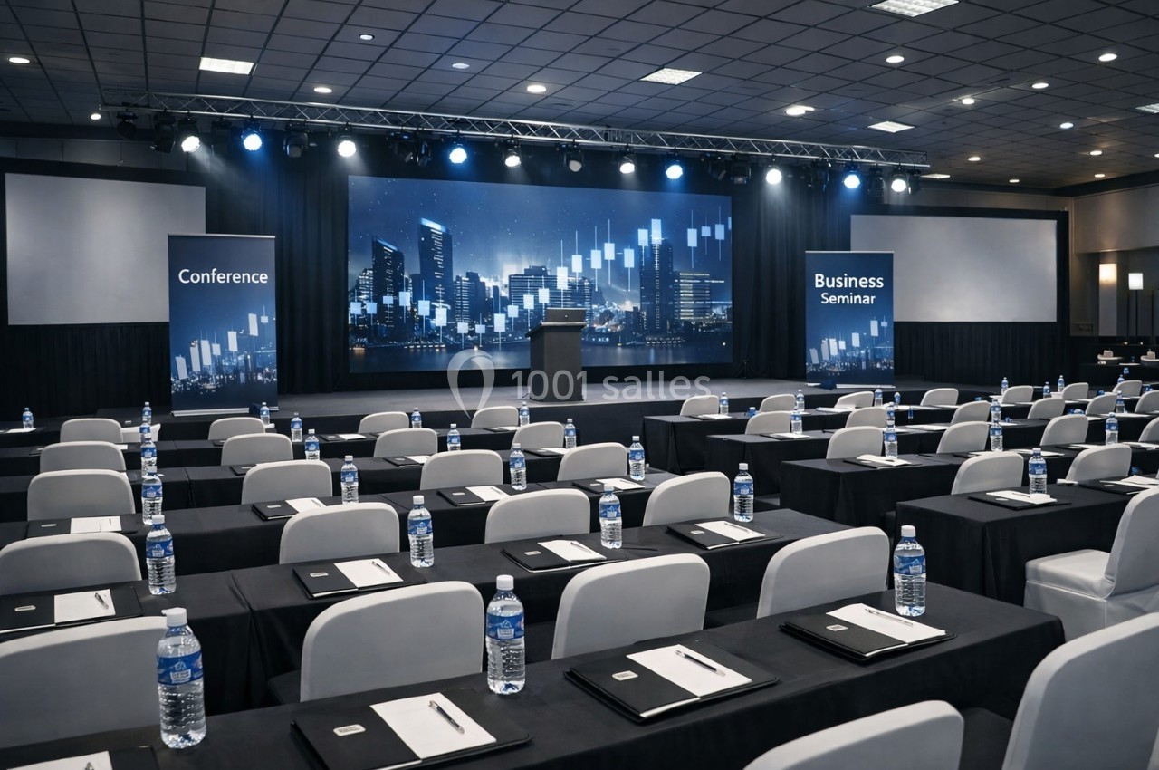 Salle de conférence moderne avec des rangées de tables et chaises, écran principal et décor urbain en arrière-plan.
