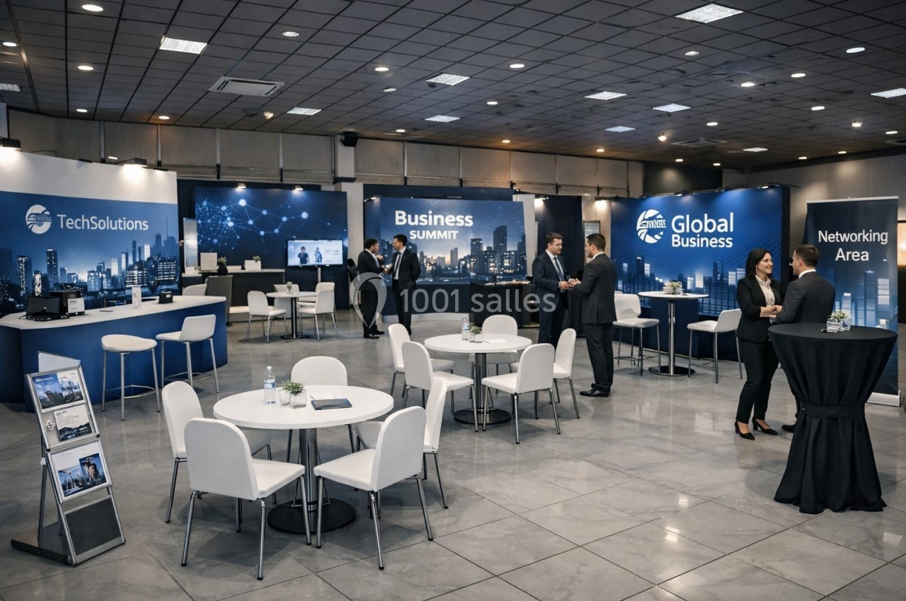 Salle de conférence avec stands d'exposition, tables blanches et participants discutant dans un espace professionnel.