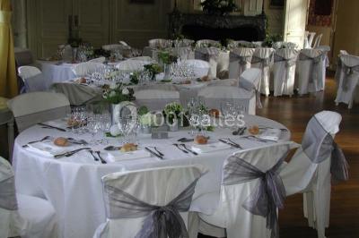 Façade d'un château en briques rouges et blanches avec un toit en ardoise, entouré d'un jardin bien entretenu.