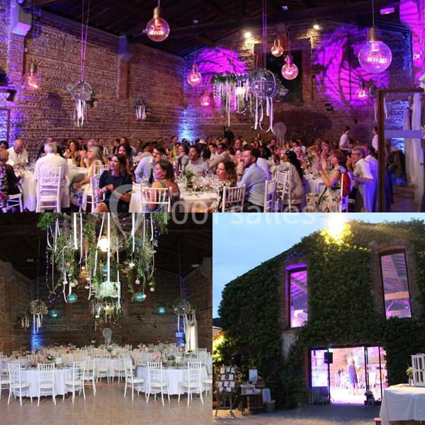 Salle de réception décorée avec des lumières colorées, des plantes suspendues et des invités assis à des tables rondes.