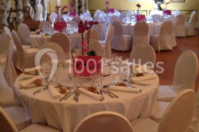 Table décorée avec une nappe blanche et rose, ornée de fleurs violettes et de plumes blanches, dans une salle festive.
