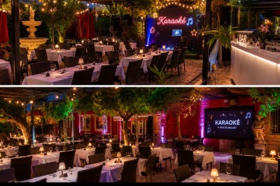Miniature terrasse ombragée Salle de restaurant lumineuse avec tables dressées, chaises colorées et grandes baies vitrées donnant sur une terrasse.