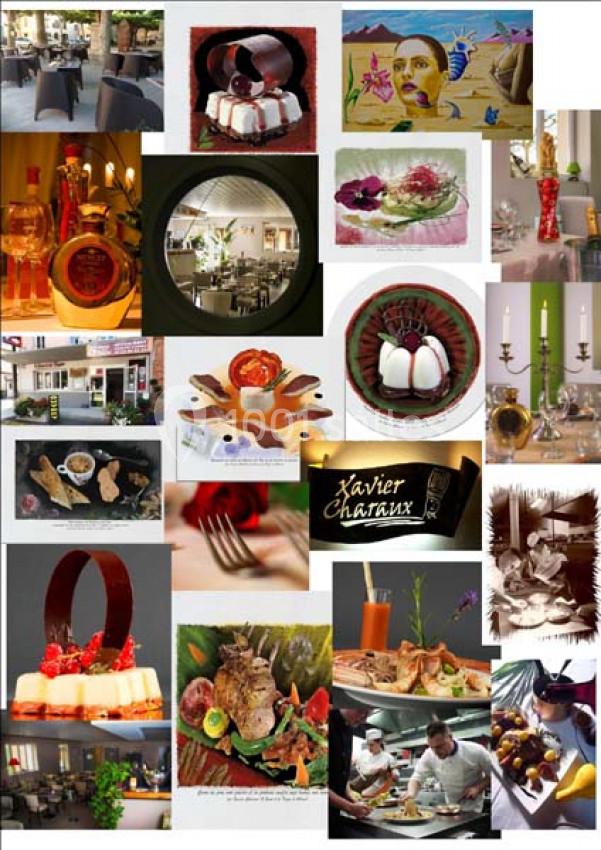 Mosaïque d'images montrant des plats gastronomiques, des restaurants et des éléments décoratifs variés.