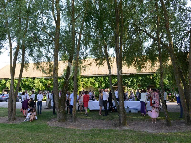 Groupe de personnes rassemblées dans un espace extérieur ombragé, près d'arbres et d'un bâtiment en arrière-plan.