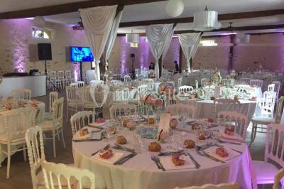 Table dressée en extérieur avec nappes blanches, boissons et verres, entourée de buissons fleuris d'hortensias.