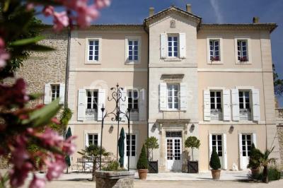 Miniature Location salle Sorgues (Vaucluse) - Château La Tour Vaucros #2 Terrain de tennis entouré d'arbres et de végétation, avec un olivier au premier plan.