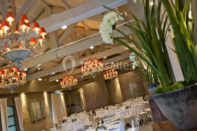 Miniature Location salle Sorgues (Vaucluse) - Château La Tour Vaucros #3 Terrain de tennis entouré d'arbres et de végétation, avec un olivier au premier plan.