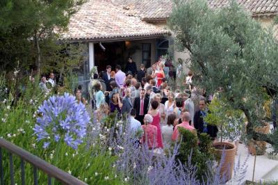 Miniature Location salle Sorgues (Vaucluse) - Château La Tour Vaucros #19 Terrain de tennis entouré d'arbres et de végétation, avec un olivier au premier plan.
