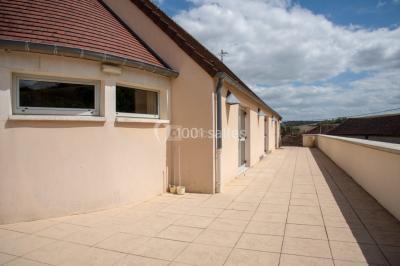 Salle spacieuse avec charpente en bois apparente, carrelage clair et plantes en pots alignées près des fenêtres.