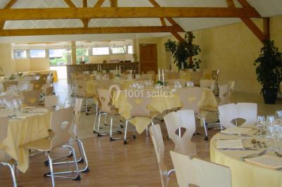 Salle spacieuse avec charpente en bois apparente, carrelage clair et plantes en pots alignées près des fenêtres.