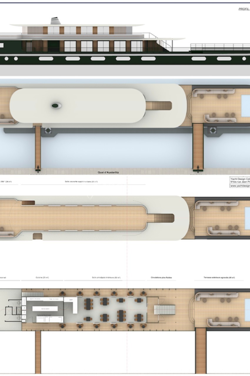 Plan détaillé d'un yacht avec vue latérale, vue aérienne et disposition des ponts principal et supérieur.