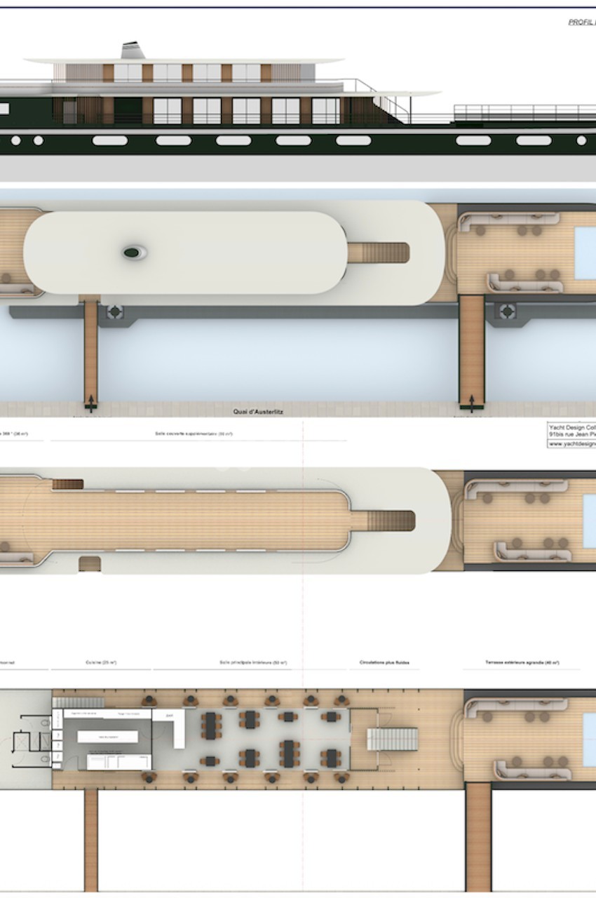 Plan détaillé d'un yacht avec vue latérale, vue aérienne et disposition des ponts principal et supérieur.