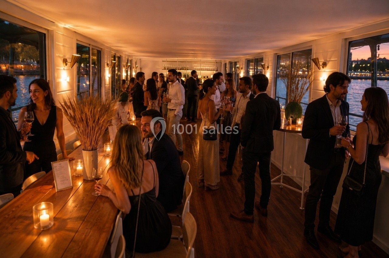Personnes discutant et partageant un moment convivial lors d'une soirée élégante dans un espace éclairé à la bougie.