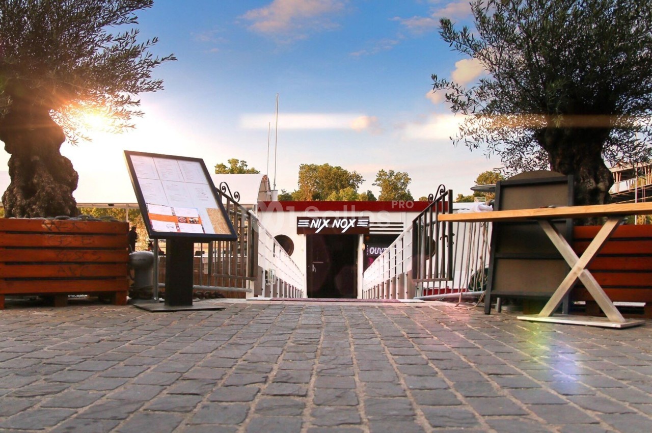 Terrasse extérieure pavée au coucher de soleil, entourée d'oliviers et de mobilier en bois, face à l'établissement.