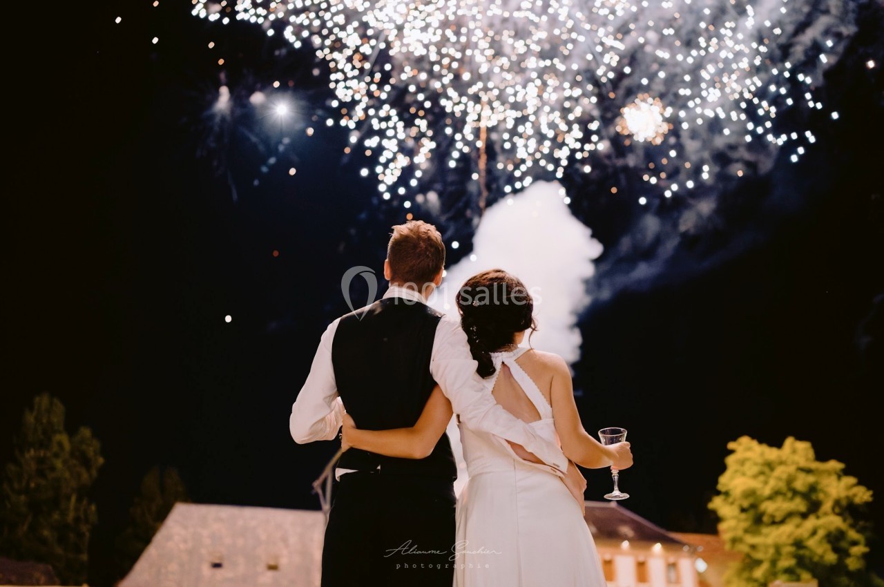 Un couple de dos observe un feu d'artifice éclatant dans le ciel nocturne, tenant un verre et s'enlaçant.