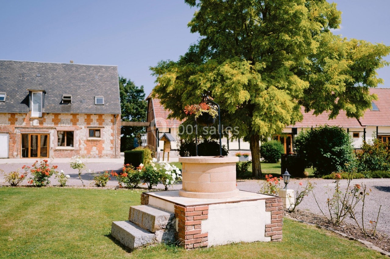 Puits décoratif en pierre entouré de fleurs, situé dans un jardin avec des bâtiments en arrière-plan.