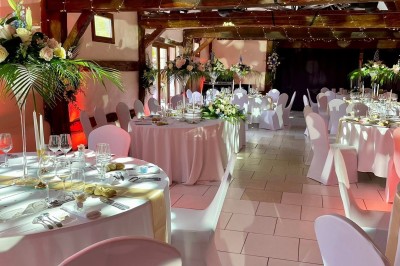 Table garnie de pâtisseries, macarons, fruits et biscuits, disposée en extérieur avec un jardin en arrière-plan.