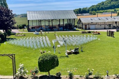 Table garnie de pâtisseries, macarons, fruits et biscuits, disposée en extérieur avec un jardin en arrière-plan.