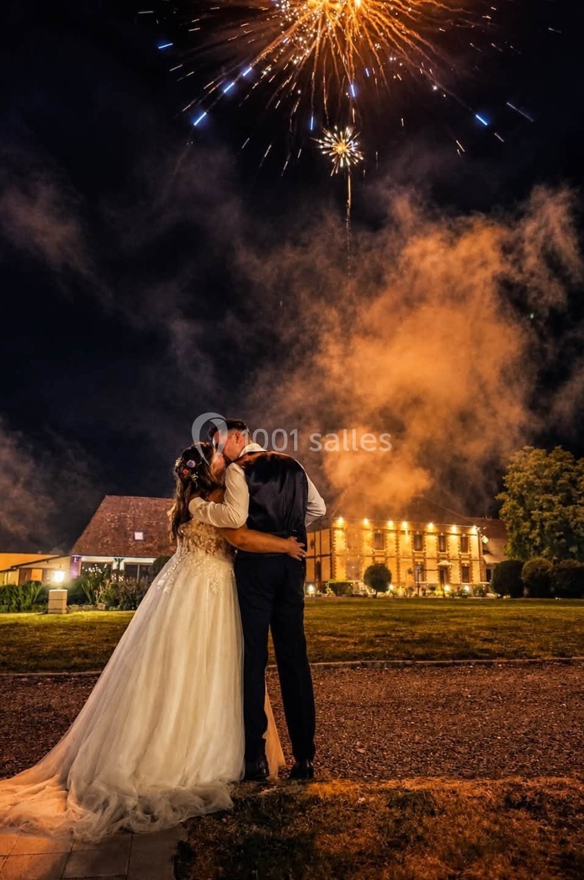 Location salle Argueil (Seine-Maritime) - Domaine de Clairval #18 Un couple en tenue de mariage s'embrasse sous des feux d'artifice, devant un bâtiment éclairé de nuit.