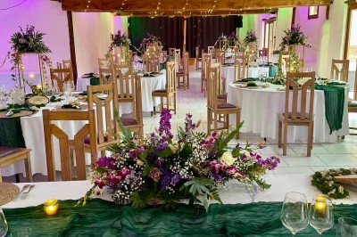 Table garnie de pâtisseries, macarons, fruits et biscuits, disposée en extérieur avec un jardin en arrière-plan.