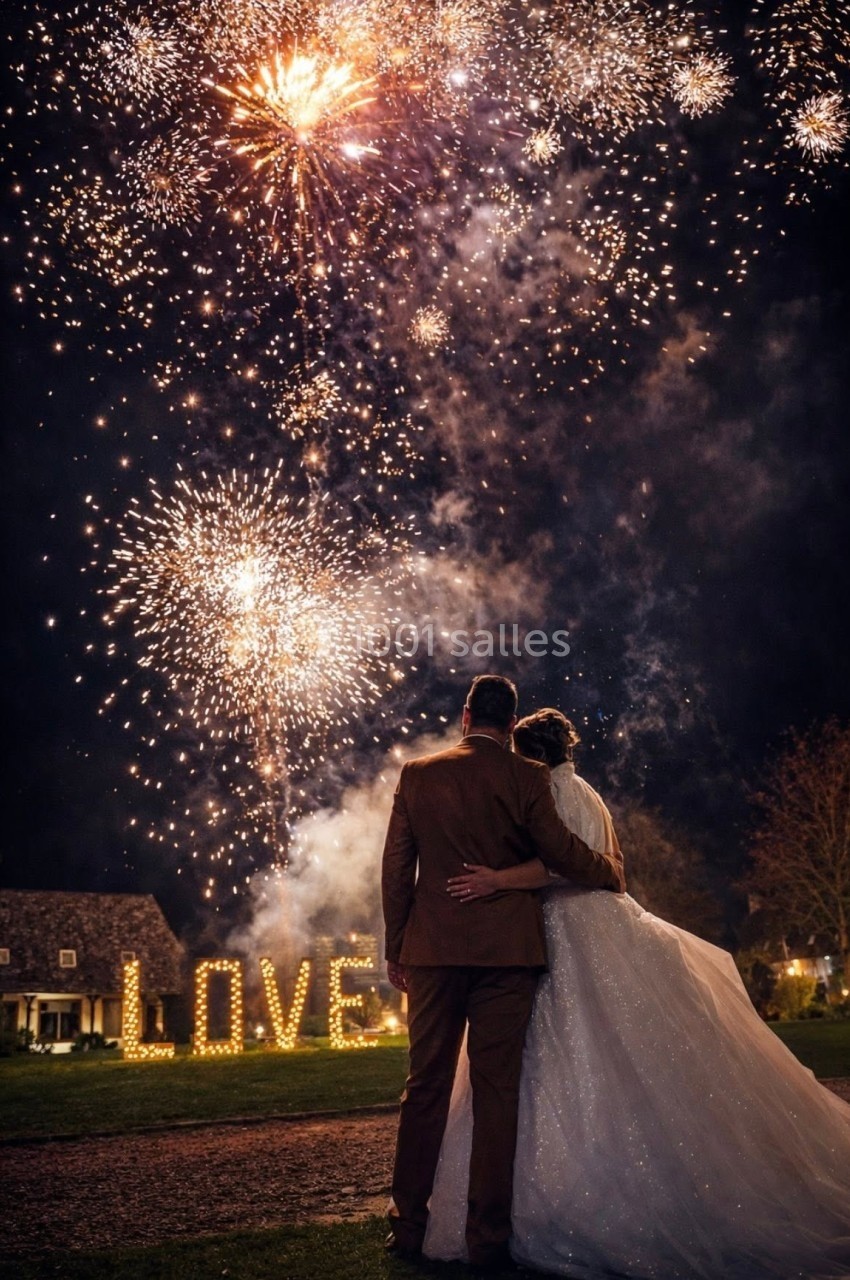 Un couple de dos observe un feu d'artifice nocturne, avec le mot ’LOVE’ illuminé au sol.