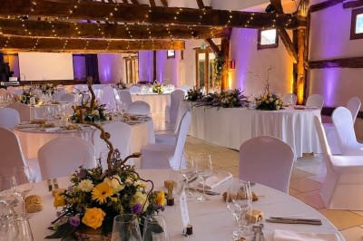 Table garnie de pâtisseries, macarons, fruits et biscuits, disposée en extérieur avec un jardin en arrière-plan.