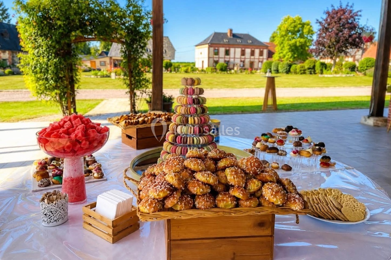 Table garnie de pâtisseries, macarons, fruits et biscuits, disposée en extérieur avec un jardin en arrière-plan.