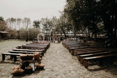 Vue d'une grange en bois entourée d'arbres, avec des bancs disposés en extérieur sur une pelouse.