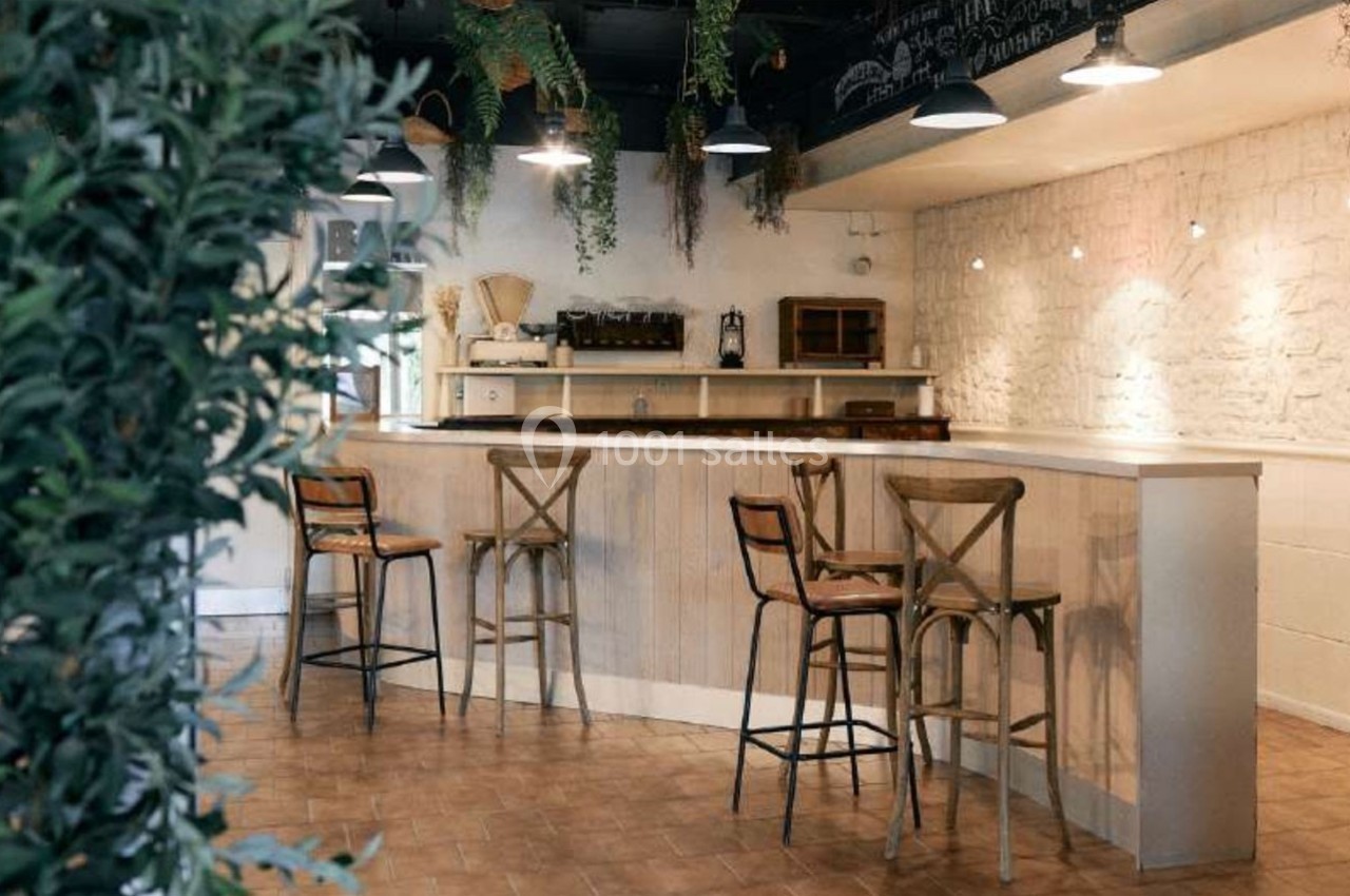 Bar en bois clair avec tabourets hauts, plantes suspendues et éclairage doux dans un espace lumineux et moderne.