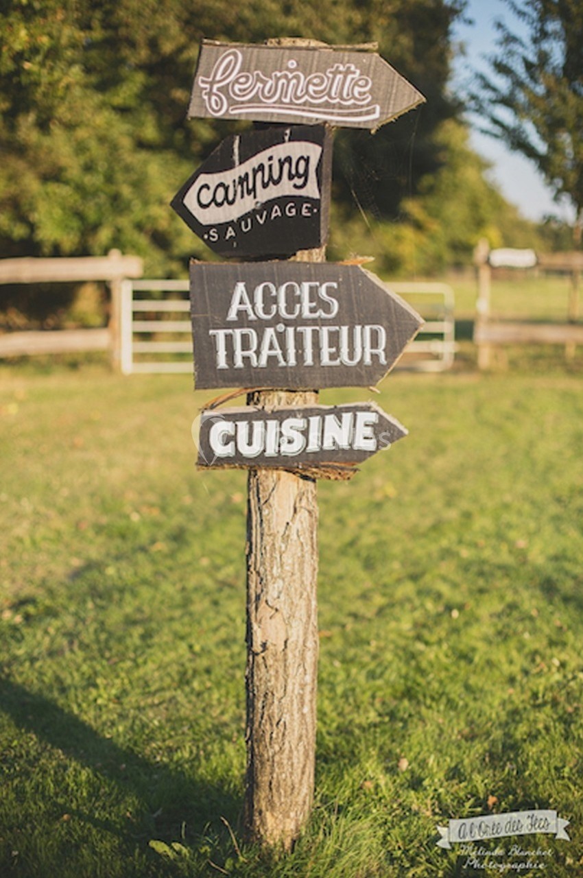 Panneau en bois avec flèches indiquant ’fermette’, ’camping sauvage’, ’accès traiteur’ et ’cuisine’ dans un cadre champêtre.