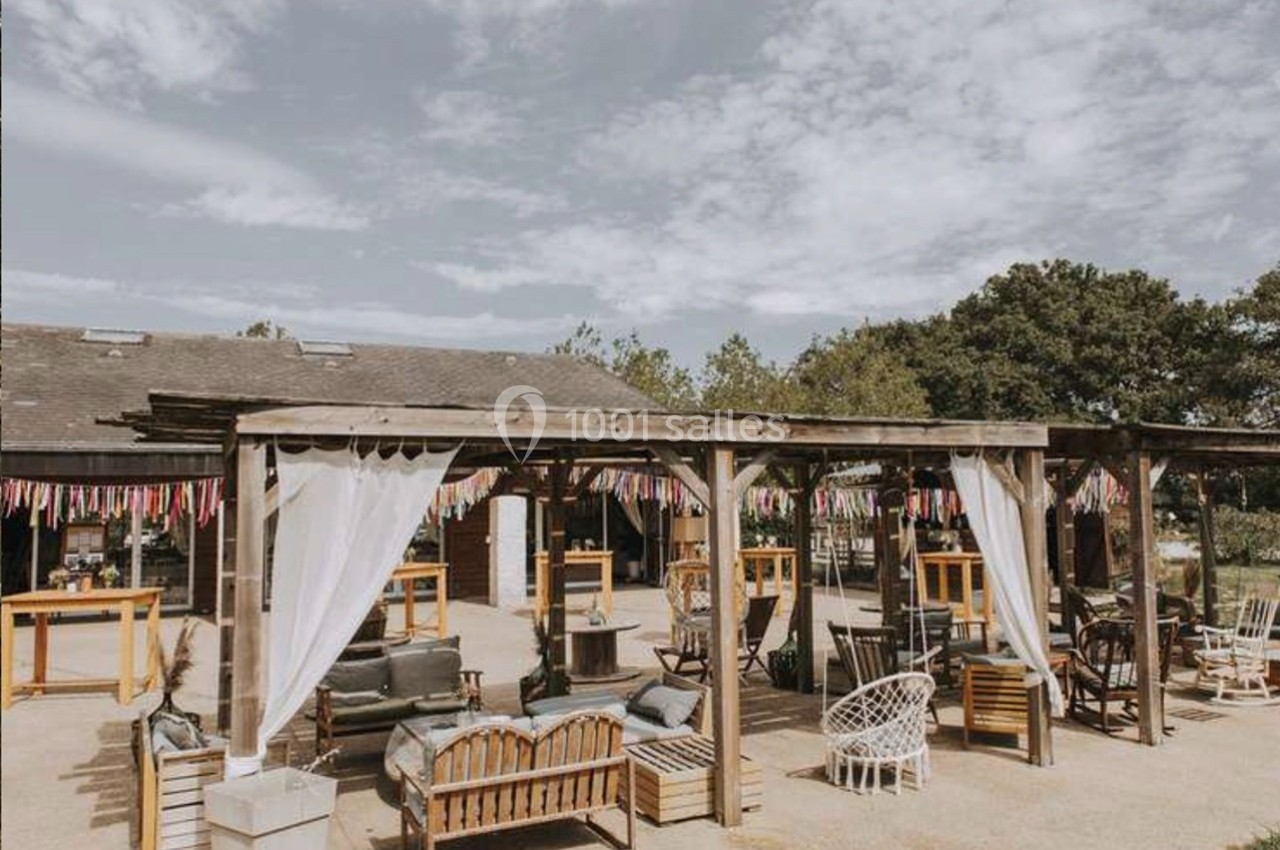 Terrasse extérieure avec pergolas en bois, mobilier de jardin et ciel partiellement nuageux en arrière-plan.