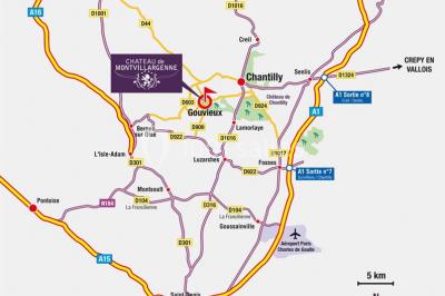 Carte indiquant les routes principales et les accès au Château de Montvillargenne, situé près de Chantilly et Gouvieux.