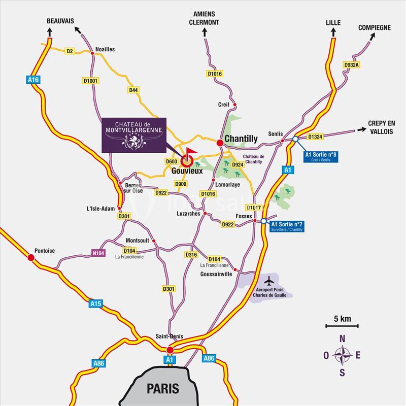 Carte indiquant les routes principales et les accès au Château de Montvillargenne, situé près de Chantilly et Gouvieux.