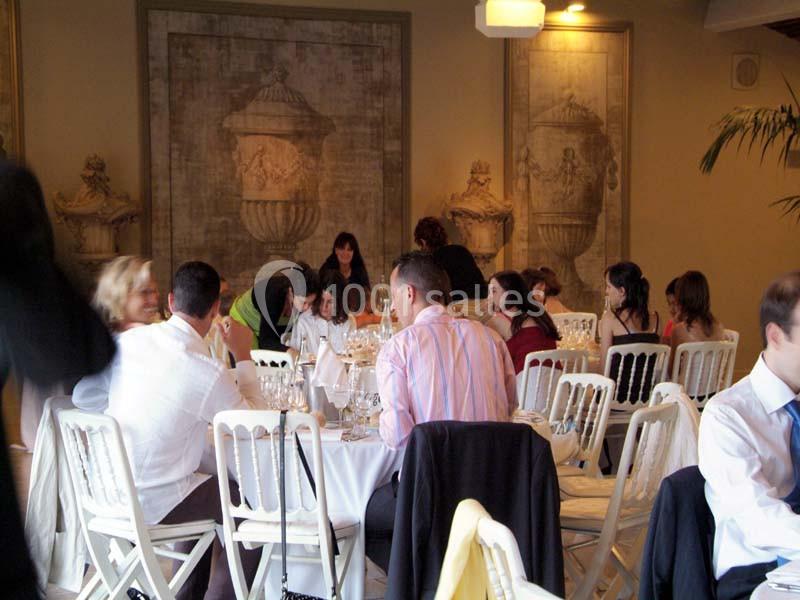 Des personnes assises autour de tables rondes dans une salle élégante, lors d'un repas ou d'un événement.