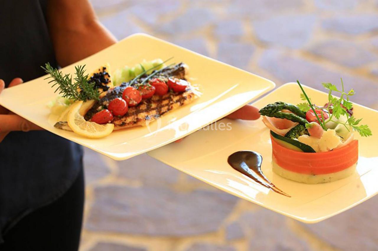 Deux assiettes gastronomiques : poisson grillé avec légumes et citron, et entrée colorée avec sauce décorative.