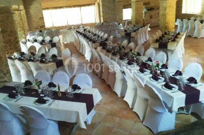 Chemin de gravier bordé de murets en pierre, menant à un paysage rural avec champs et arbres.